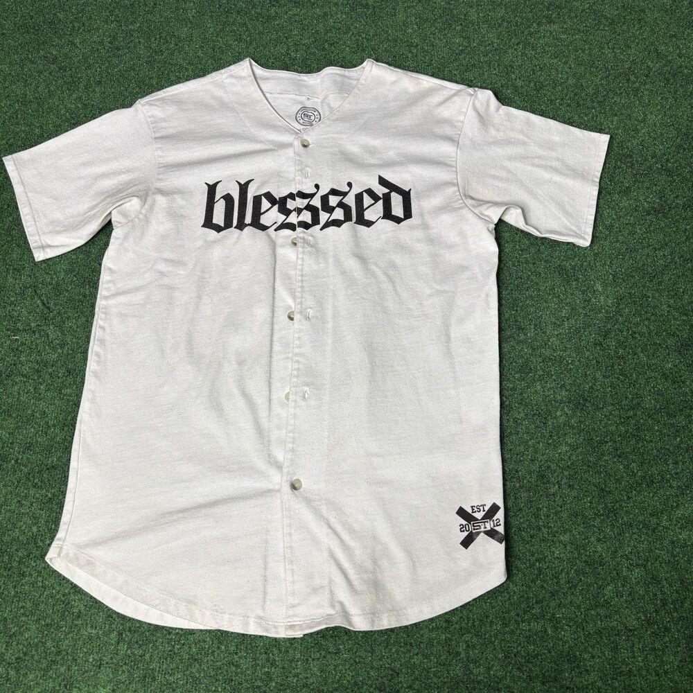 Slang Teez Blessed Baseball Jersey Shirt Men’s Medium White Button Up